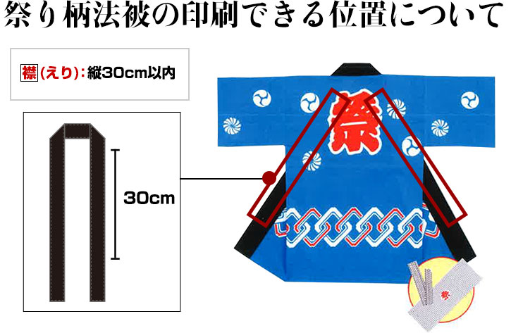 祭り柄法被の印刷できる位置：襟ﾀﾃ30cm以内